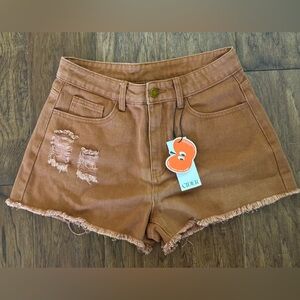 Cider Rust Brown Distressed High-Rise Denim Shorts